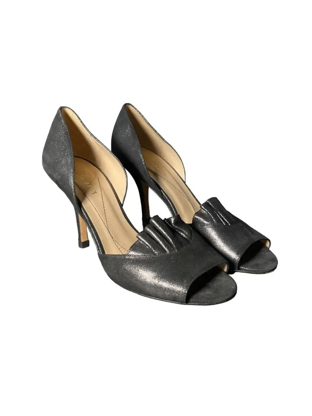 KATE SPADE NEW YORK Chrisette Pewter Liquid Suede Ruffle Peep Toe Pump Heel 6B
